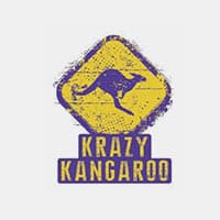 Yellow diamond featuring a purple kangaroo and "Krazy Kangaroo" text on light gray background.