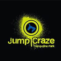 A silhouette flipping over the Jump Craze Trampoline Park logo on a neon yellow splattered background.