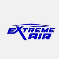 Extreme Air" logo: blue text with a stylized roof or wave design over the letters.