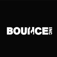 Logo reads "BOUNCE INC" in bold white on black; a stylized figure replaces the letter 'U'.