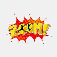 Comic-style "ZOOM!" text with silhouettes jumping on a red-orange burst background.