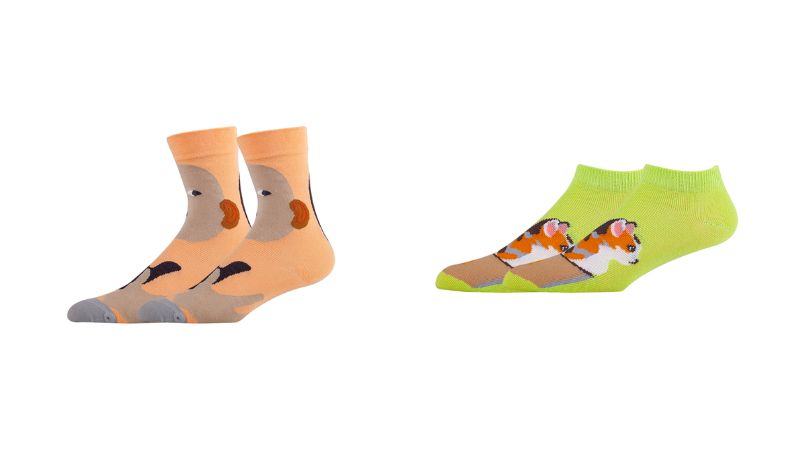 Discover bold styles with Sinoknit socks: vibrant orange with a bird design and dynamic green with a tiger pattern. Perfect for loafers!