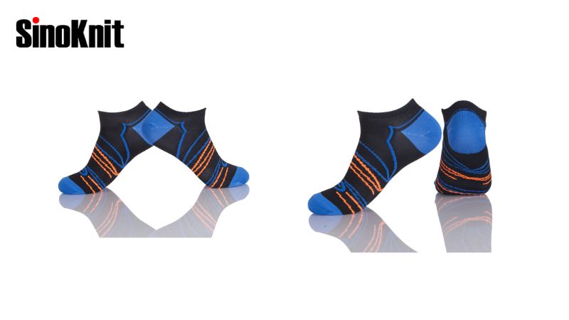 Black and blue ankle socks with orange stripes on white background, showcasing summer appeal. Two views displayed. SinoKnit logo ensures comfort.