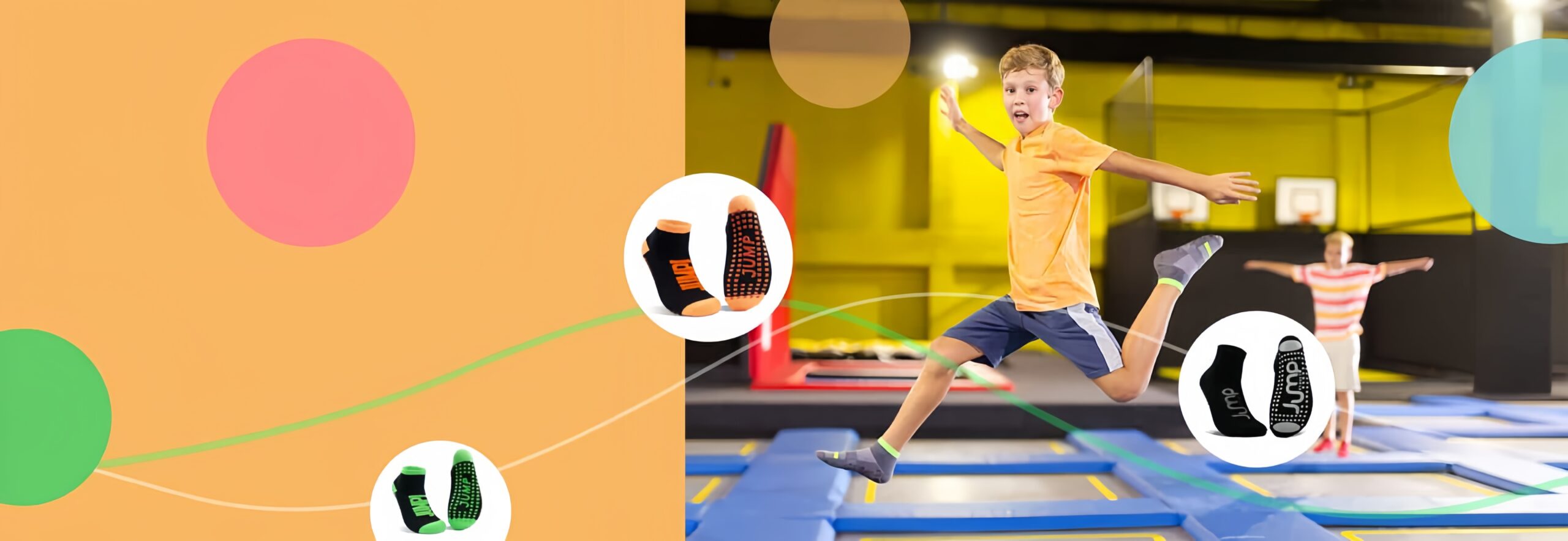 Two boys jump on trampolines indoors; colorful circles and grip sock images appear on the scene’s left side.