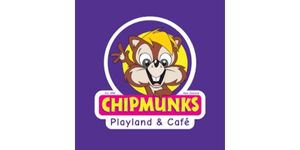 Bright and colorful CHIPMUNKS Playland & Café logo featuring a cheerful cartoon chipmunk with a purple background and vibrant yellow and pink text.