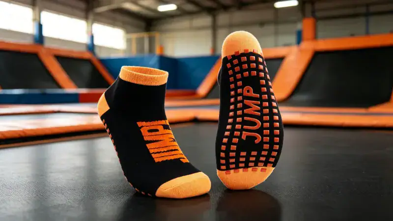 Close-up of trampoline socks designed for enhanced grip and comfort, ideal for barefoot or sock use on trampolines.