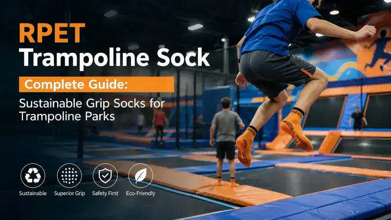 Young person jumping on trampoline with orange RPET grip socks at trampoline park, showcasing safety and eco-friendly design.