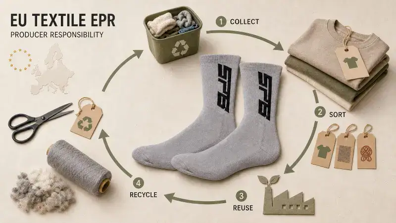 Diagram illustrating EU Textile EPR process including collection, sorting, reuse, and recycling of textile waste.
